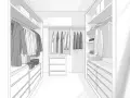 Plan dressing dimension : une penderie bien organisée avec des étagères, des tiroirs et des vêtements suspendus.