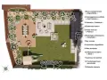 Croquis plan de jardin paysager avec zones de détente, aire de jeux, et diverses plantations numérotées.