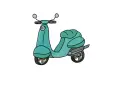 Un dessin simple d'une moto maternelle turquoise, avec des roues noires et dorées, des rétroviseurs et un phare orné d'un croisillon.