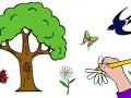 Un arbre, une coccinelle, un papillon coloré, une hirondelle et des fleurs. Un dessin printemps facile pour apprendre à colorier.