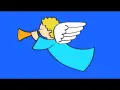 Un dessin angel facile d'un ange aux cheveux blonds, soufflant dans une trompette, vêtu d'une robe bleue et portant des ailes blanches, sur fond bleu.