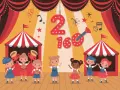 Scène de spectacle colorée avec des enfants joyeux, des tentes de cirque et des chiffres lumineux "2" et "160". Parfait pour un spectacle enfant 2 ans.