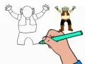 Un dessin ogre facile prend vie ! Une main colorie un croquis d'ogre, tandis qu'un ogre coloré apparaît à côté.