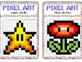 Deux grilles pixel art : une étoile jaune et une fleur de feu rouge, prêtes à être colorées.