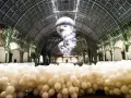 Installation de ballons blancs dans le Grand Palais, Paris. Des sphères argentées flottent sous la verrière, évoquant un musée des ballons.