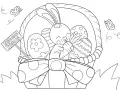 Un adorable lapin tient une carotte dans un panier rempli d'œufs décorés. Un panneau "Joyeuses Pâques" et des papillons complètent ce dessin de Pâques.
