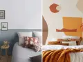 Deux chambres avec des têtes de lit en peinture. L'une est bleue et blanche avec des cadres, l'autre est abstraite et colorée.