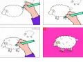 Étapes pour dessiner un mouton : un corps floconneux, des pattes, une tête, puis le mouton est terminé sur fond rose.