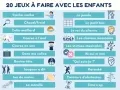 Liste de 20 jeux pour une **activité intérieur enfant** : cache-cache, le pendu, course en sac, les chaises musicales, et bien d'autres pour s'amuser.