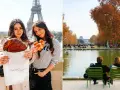 Deux femmes savourent des croissants devant la Tour Eiffel, un clin d'œil à la gourmandise sur la rue de Rivoli. À droite, des couples profitent d'un après-midi d'automne au Jardin des Tuileries.