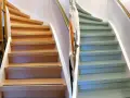 Avant/après : un escalier en bois naturel transformé par un coup de pinceau vert sauge. Un projet de peindre escalier bois réussi.
