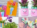 Idées de bricolage fête des mères pour tout petit : cartes empreintes de mains et pieds, pots de fleurs rigolos, décorations en cœur.