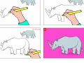 Étapes pour un rhinocéros dessin facile : une main dessine le contour, puis ajoute les détails et colore le rhinocéros sur fond rose.