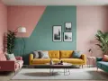 Salon moderne avec un mur deux couleurs différentes : rose poudré et vert d'eau. Canapés colorés et plantes vertes.