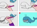 Étapes pour un dessin baleine bleue facile : une main colorie une baleine, puis la termine.