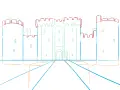 Esquisse d'un dessin de château fort avec des tours et des remparts, le chemin d'accès est marqué par des lignes bleues et oranges.