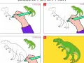 Étapes pour un tyrannosaure dessin facile : une main dessine un dinosaure vert, étape par étape, pour un résultat final impressionnant.