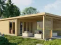 Aménagement intérieur d'une cabane en bois moderne avec salon extérieur invitant.