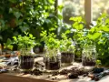 Jeunes pousses de lierre en pot dans des bocaux en verre, sur une table en bois, avec des outils de jardinage.