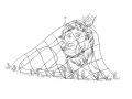 Dessin le lion et le rat : un lion endormi sous un filet, un petit rat curieux sur sa tête.