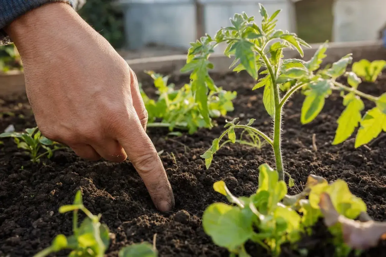 Main d'un jardinier plantant des jeunes pousses, espérant que les saints de glace n'apporteront pas de gelées tardives.