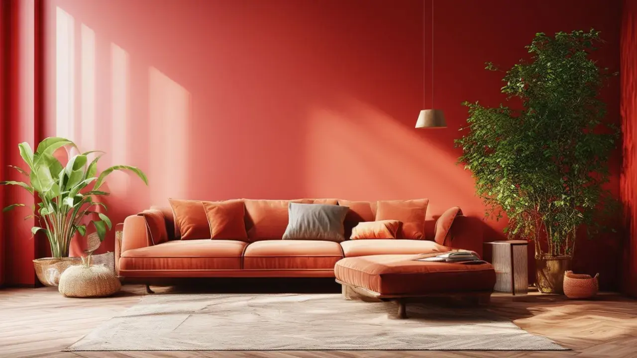 Un salon chaleureux aux murs rouge corail, avec un canapé orange vif et des plantes vertes. Une ambiance qui annonce la couleur tendance 2026.