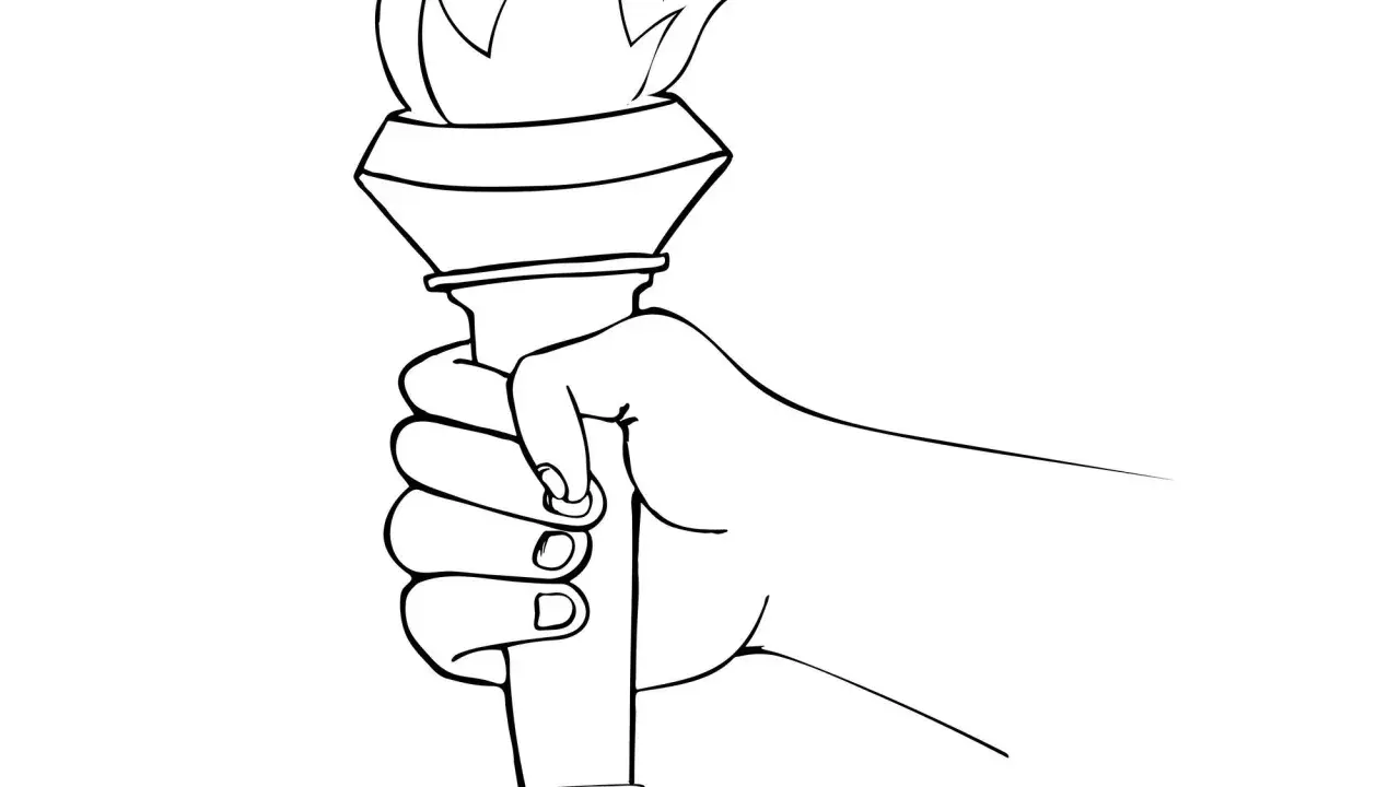 Dessin d'une main tenant une flamme olympique, symbole d'unité et d'espoir.