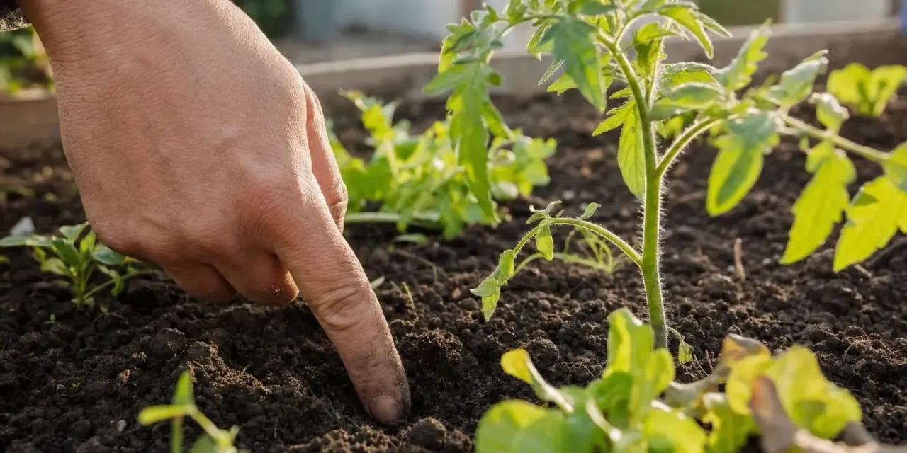Main d'un jardinier plantant des jeunes pousses, espérant que les saints de glace n'apporteront pas de gelées tardives.