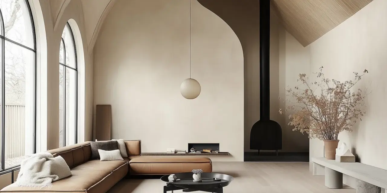 Salon moderne avec un canapé en cuir marron, une cheminée noire et un **plafond cathédrale moderne** aux arches élancées.