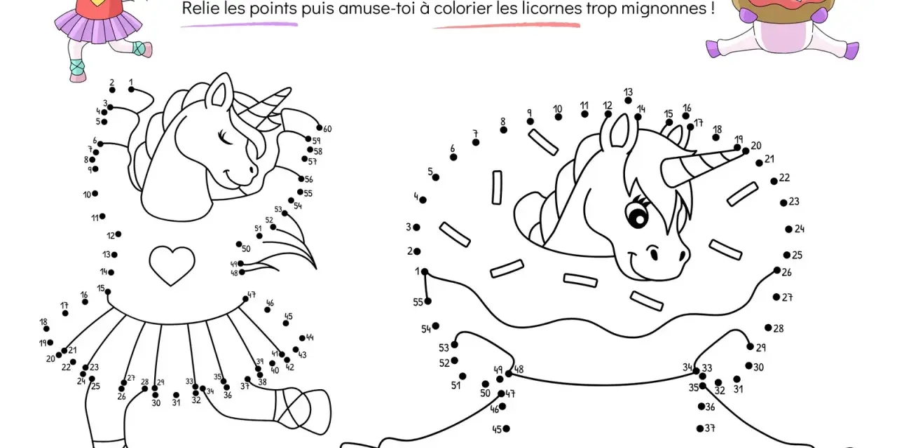 Un modèle de licorne à relier et colorier, avec une autre licorne dans un donut.