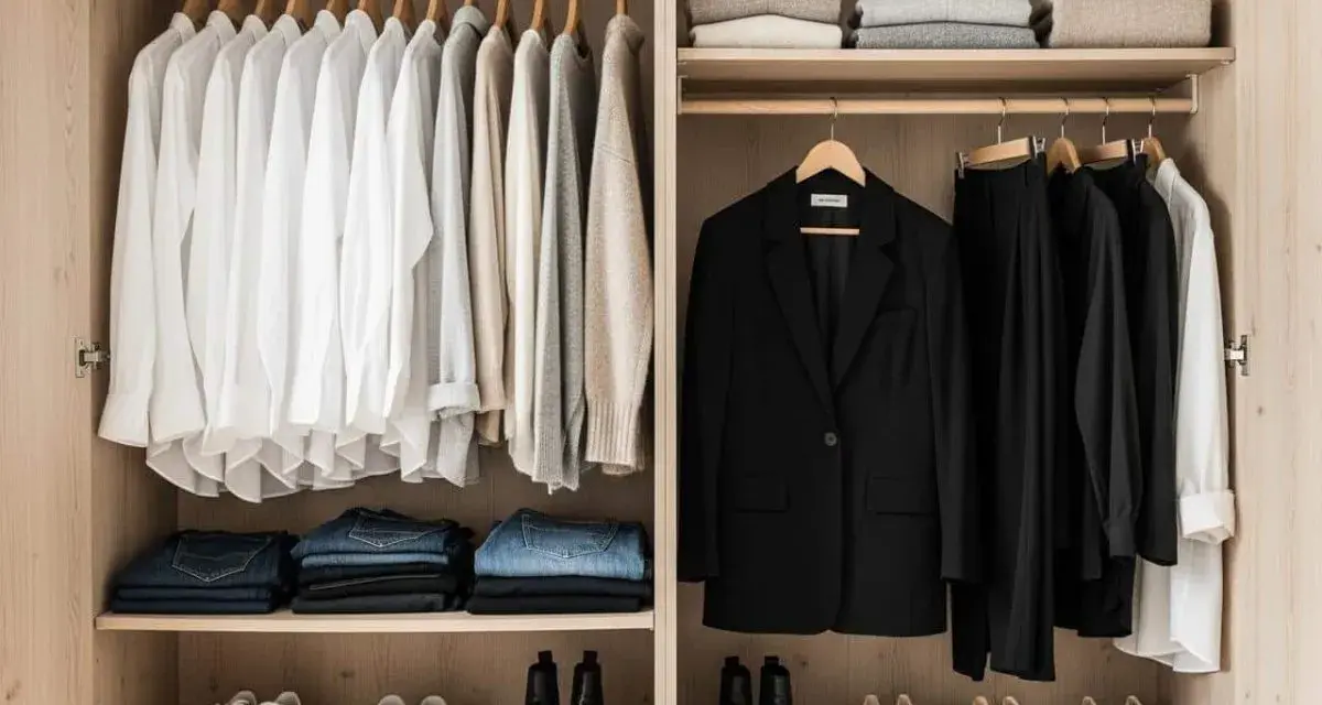 Un dressing organisé : chemises blanches, pulls, jeans pliés, un blazer noir et des pantalons noirs. Idéal pour savoir comment ranger son dressing.