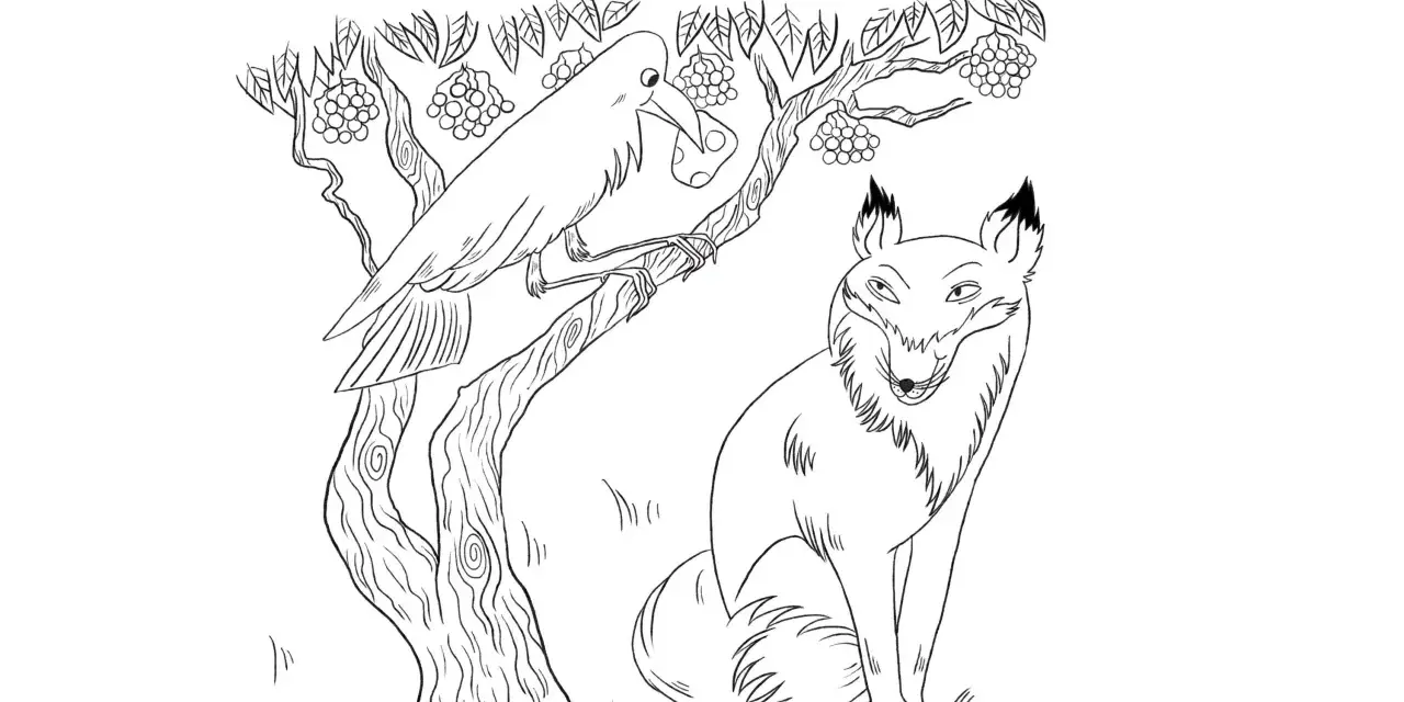 Dessin le corbeau et le renard : un corbeau perché sur une branche tient une grappe de raisin dans son bec, tandis qu'un renard le regarde avec malice en contrebas.