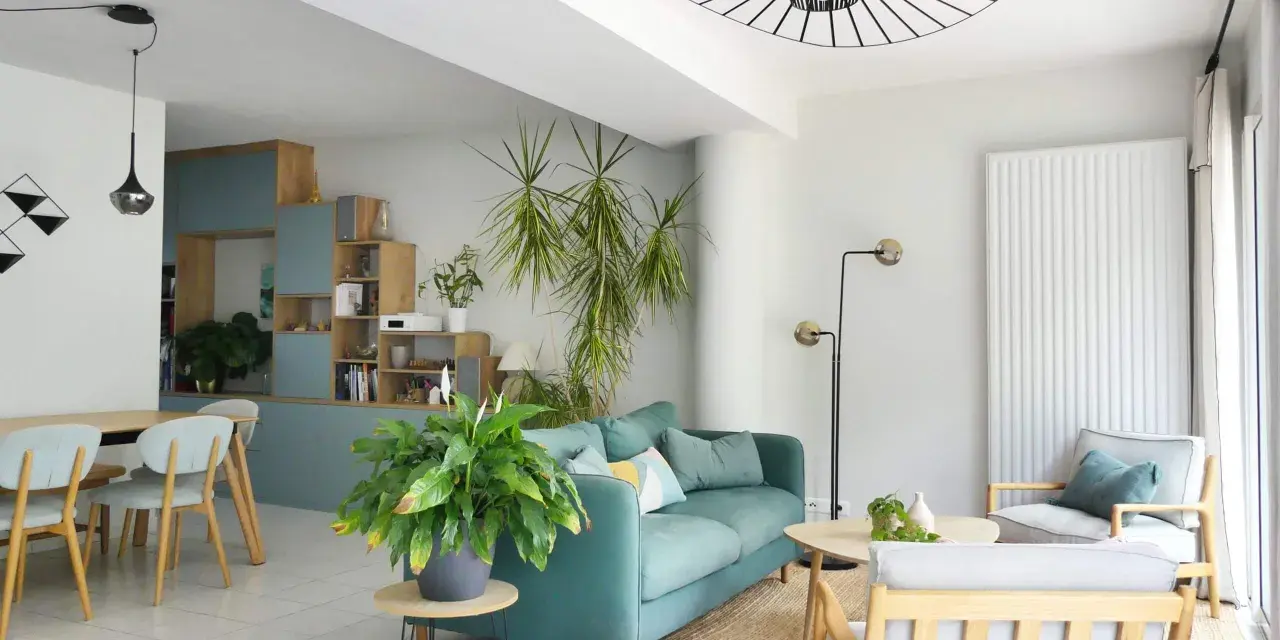 Ambiance chaleureuse pour ce salon salle à manger avec canapé bleu canard, fauteuils en bois clair et plantes vertes.