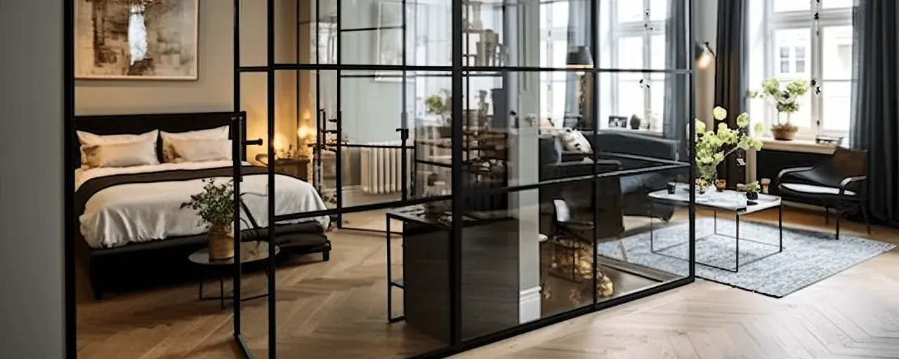 Une verrière noire sépare élégamment une chambre d'un salon, permettant de séparer une pièce en deux sans travaux.
