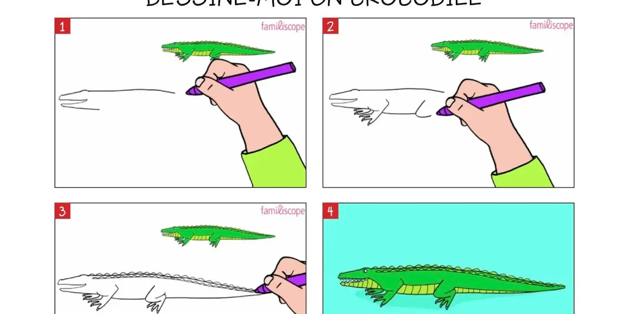 Dessine-moi un crocodile : 4 étapes pour un dessin facile. Un crocodile vert terminé sur fond bleu.