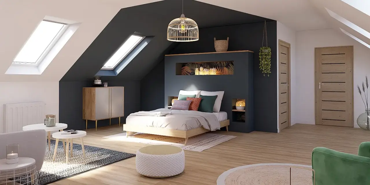 Chambre mansardée avec deux fenêtres de toit, une pour séparer une chambre en deux avec une seule fenêtre, lit douillet, mobilier moderne.