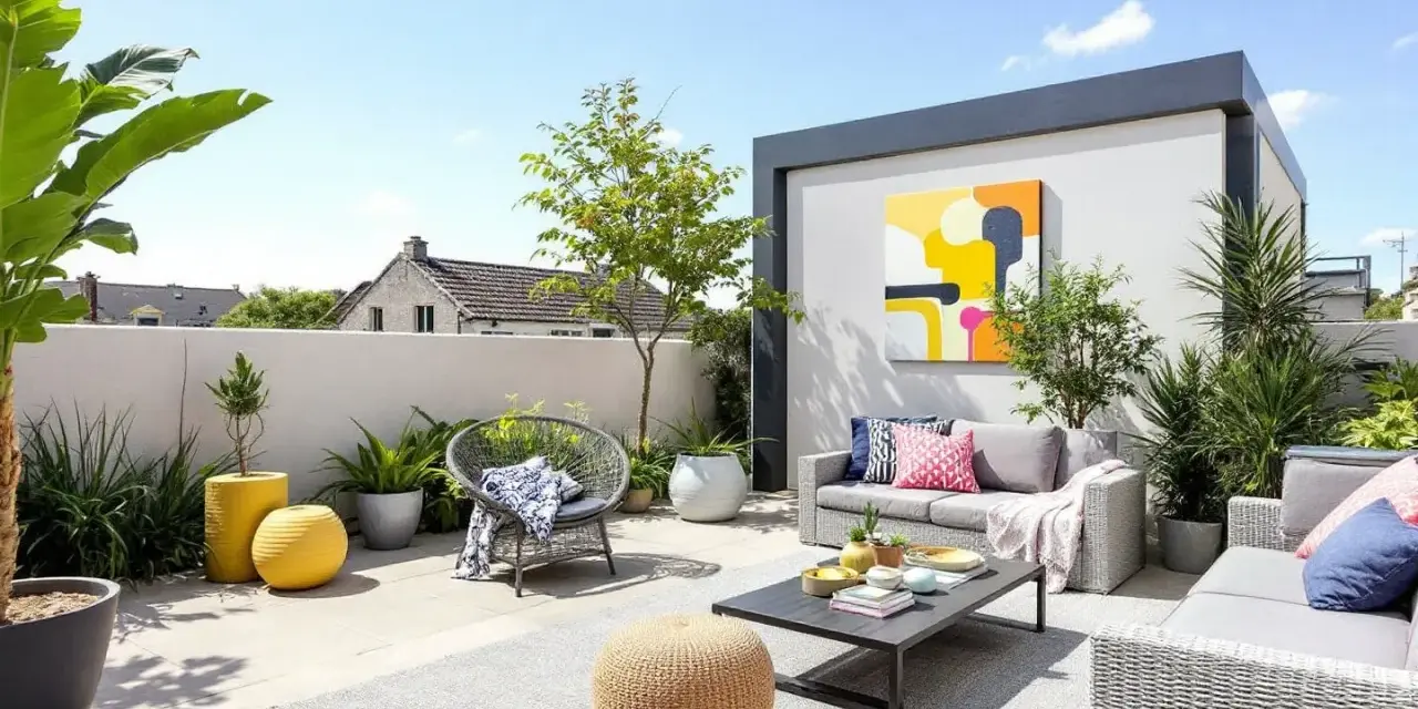 Une superbe idée terrasse extérieur : salon de jardin gris, coussins colorés, pouf en osier, plantes luxuriantes et tableau abstrait.