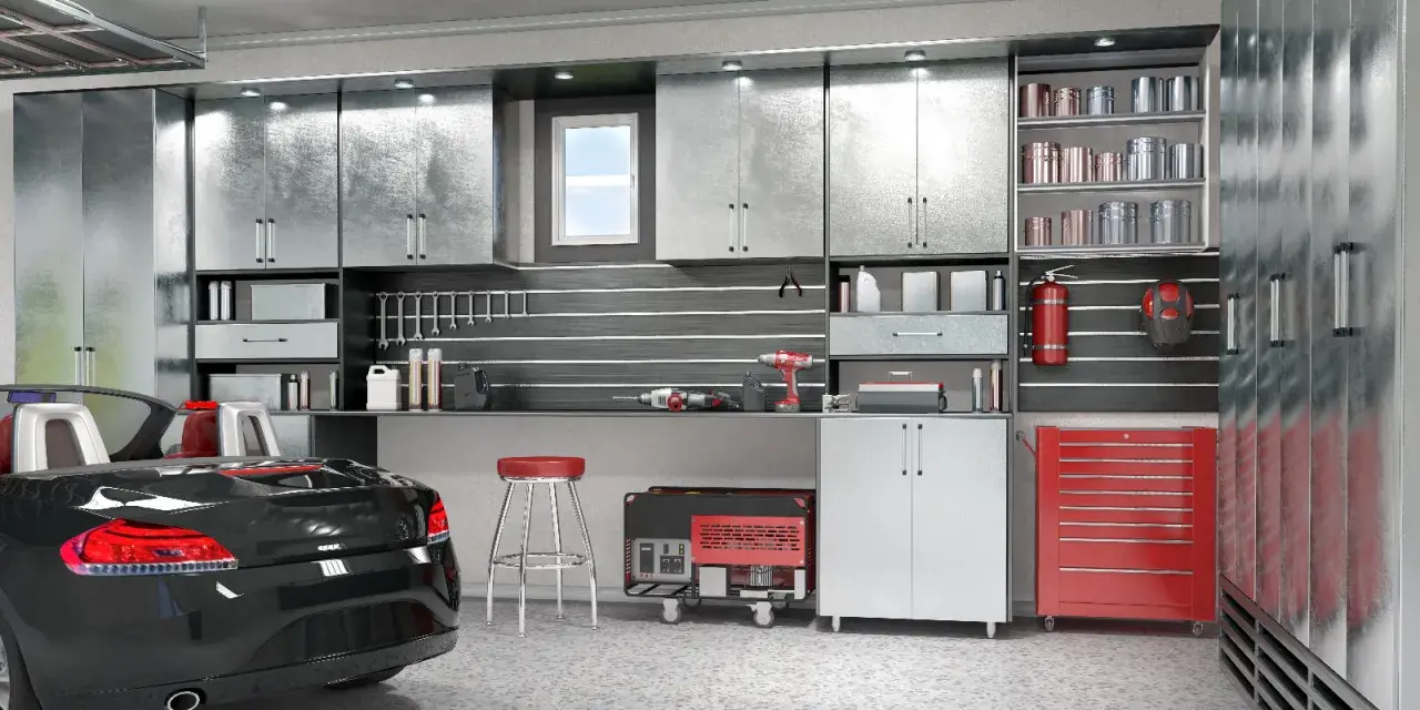 Aménagement garage 15m2 : voiture noire, établis, outils, armoires métalliques et un générateur.
