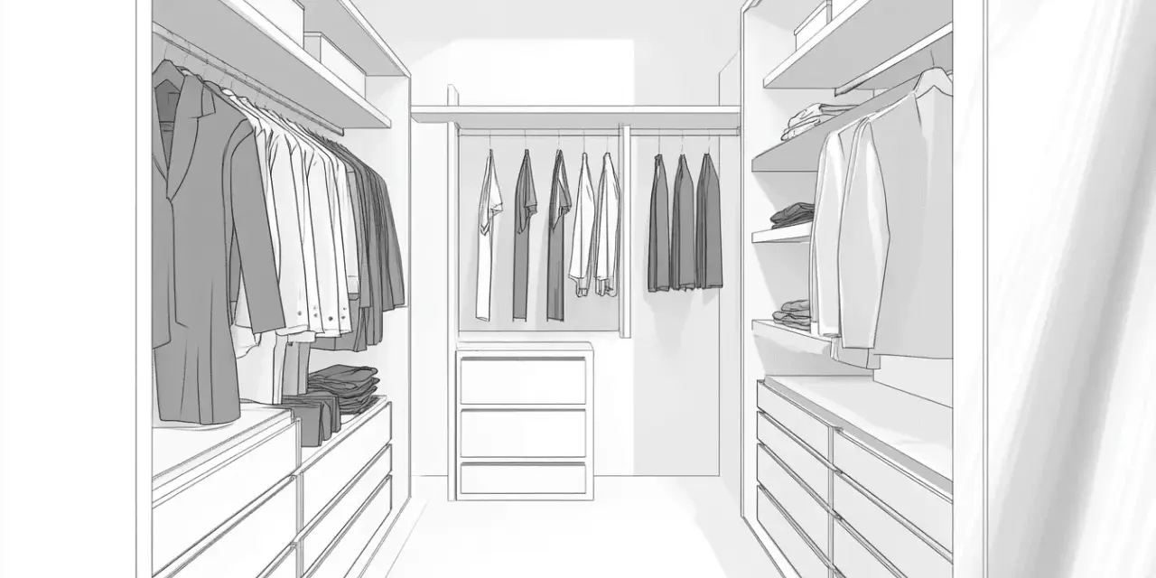 Plan dressing dimension : une penderie bien organisée avec des étagères, des tiroirs et des vêtements suspendus.