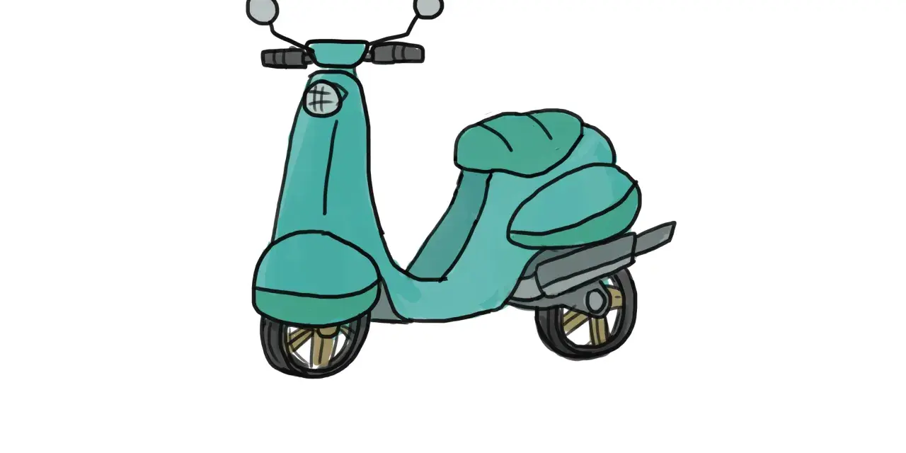 Un dessin simple d'une moto maternelle turquoise, avec des roues noires et dorées, des rétroviseurs et un phare orné d'un croisillon.