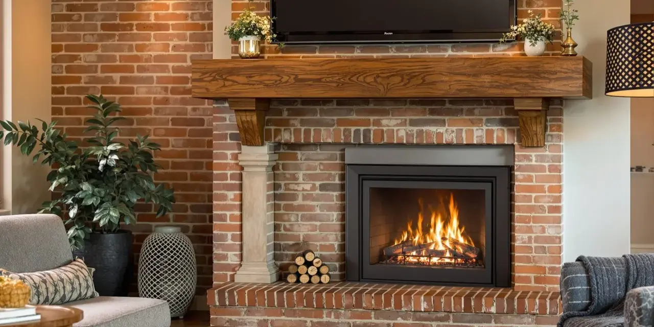 Cheminée ancienne en briques avec un feu crépitant, une étagère en bois, une plante et un canapé.