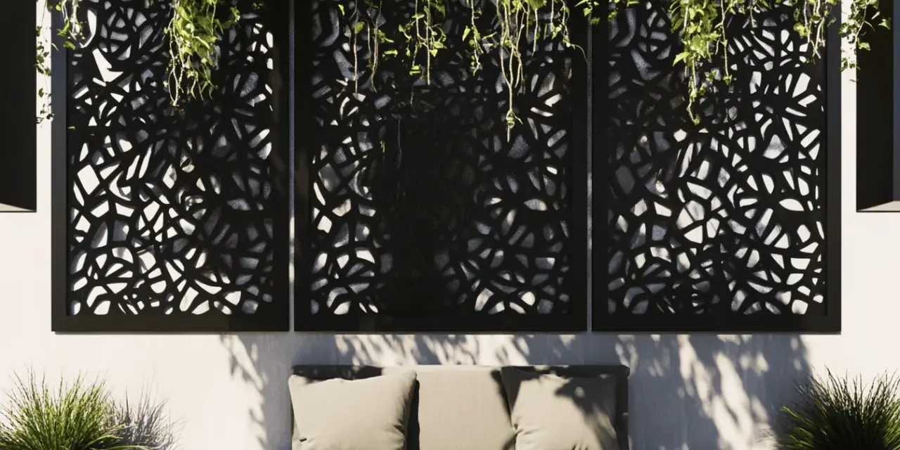 Panneaux décoratifs ajourés, parfaits pour une idée déco mur extérieur jardin. Un banc confortable avec coussins et verdure luxuriante complètent ce coin détente.