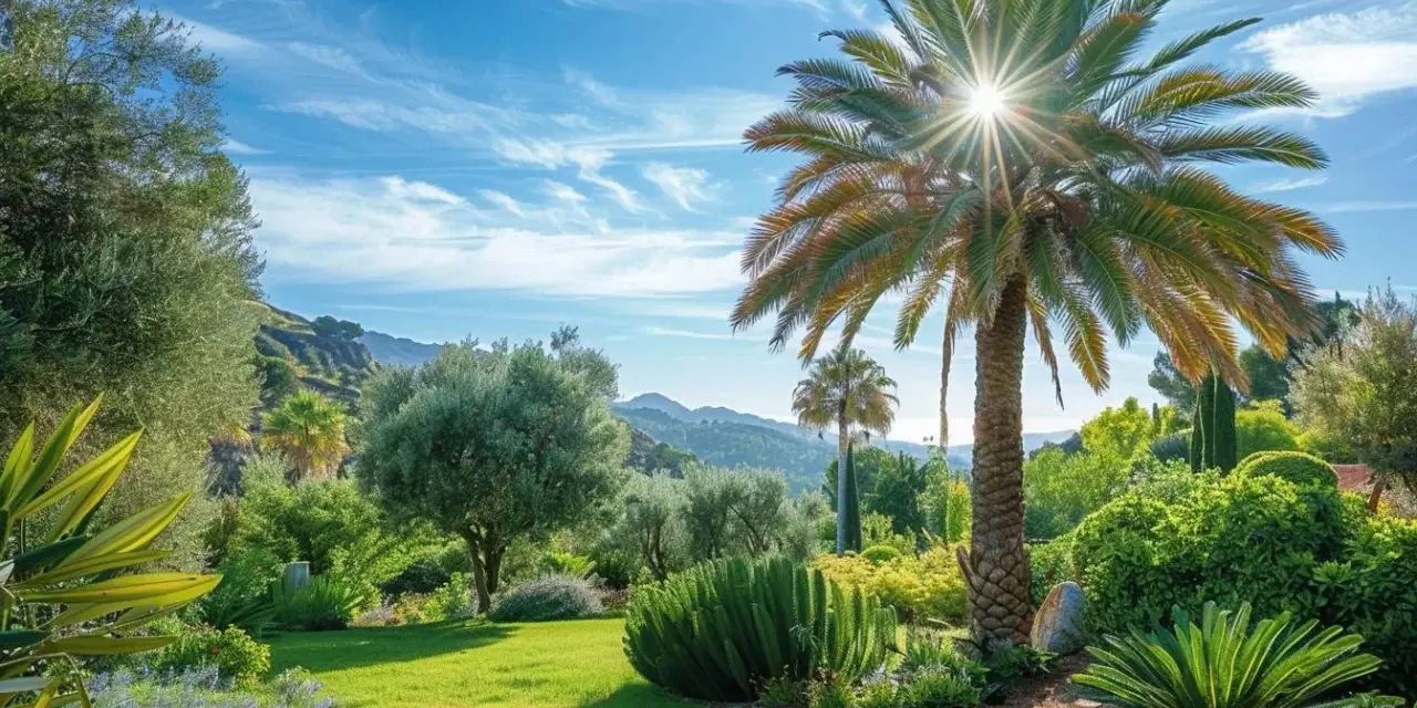 Un jardin luxuriant sous un ciel bleu, avec un grand palmier au soleil. Une idée de paysage méditerranéen paisible.