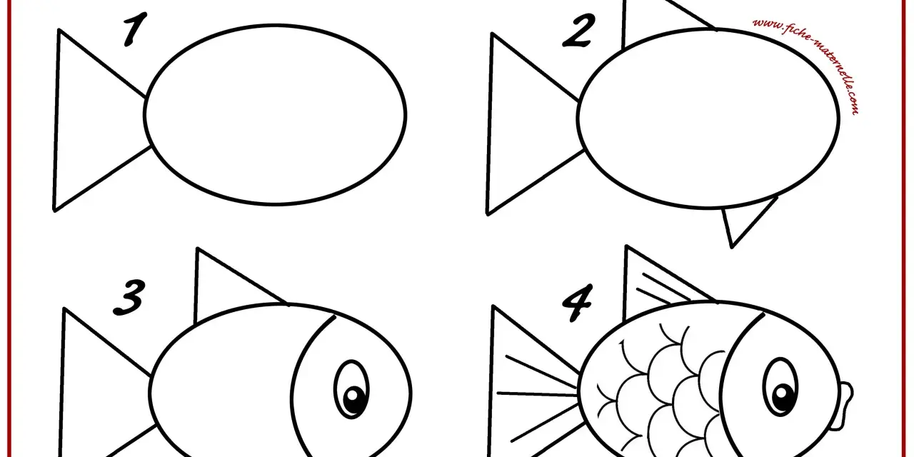 Étapes pour un poisson dessin facile : un ovale, des nageoires, un œil, puis des écailles.