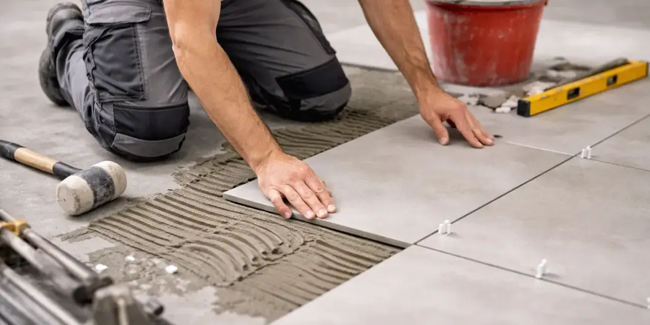 Un carreleur pose du carrelage au sol, appliquant la colle avec une truelle. Outils et seau de ciment à proximité.
