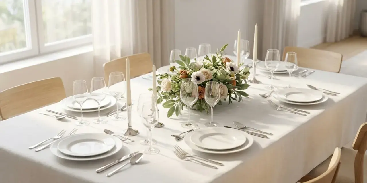 Un élégant centre de table floral orne une table dressée pour un repas, avec des bougies et des verres à vin.