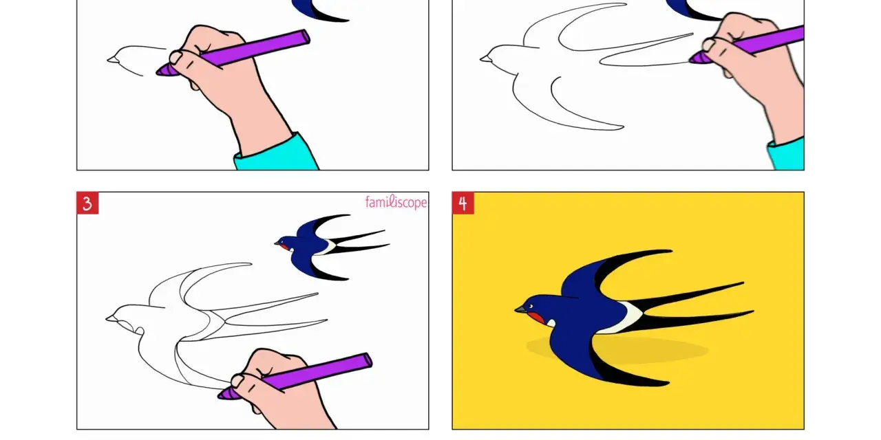 Étapes pour un dessin hirondelle facile : une main dessine une hirondelle en vol, puis la complète avec des couleurs vives sur fond jaune.