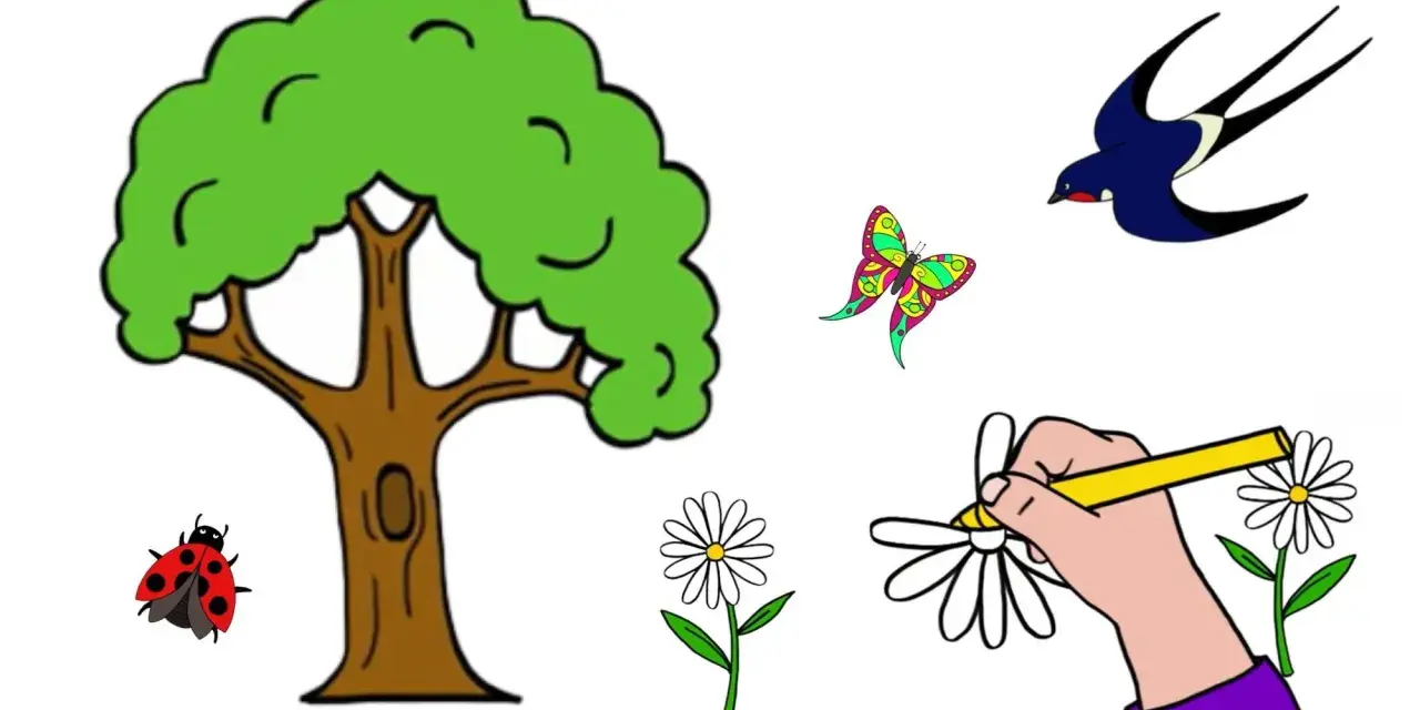 Un arbre, une coccinelle, un papillon coloré, une hirondelle et des fleurs. Un dessin printemps facile pour apprendre à colorier.