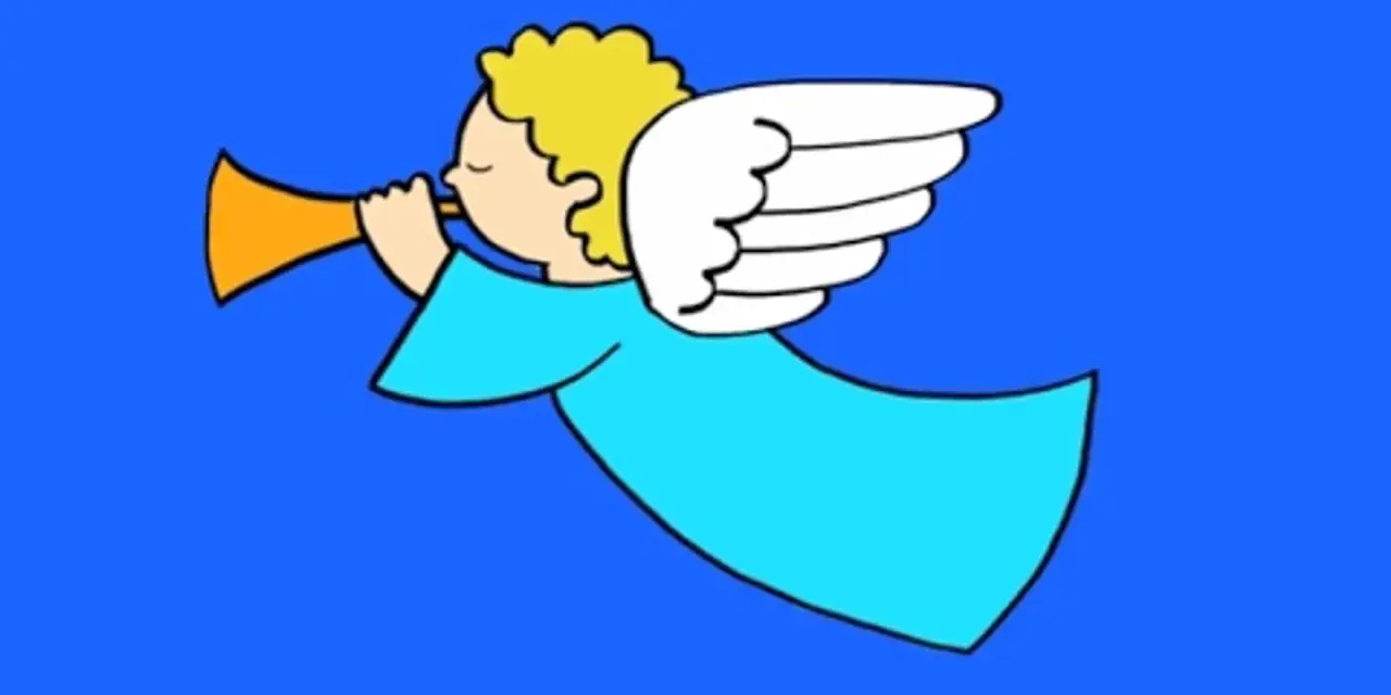 Un dessin angel facile d'un ange aux cheveux blonds, soufflant dans une trompette, vêtu d'une robe bleue et portant des ailes blanches, sur fond bleu.