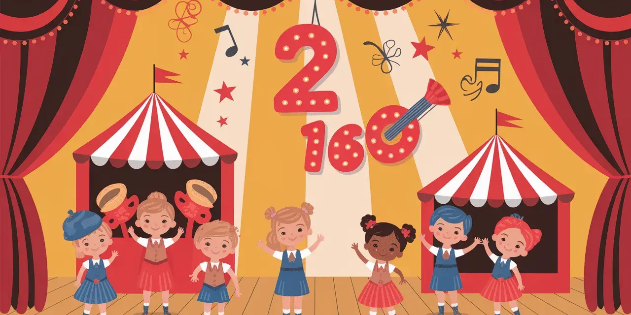 Scène de spectacle colorée avec des enfants joyeux, des tentes de cirque et des chiffres lumineux "2" et "160". Parfait pour un spectacle enfant 2 ans.